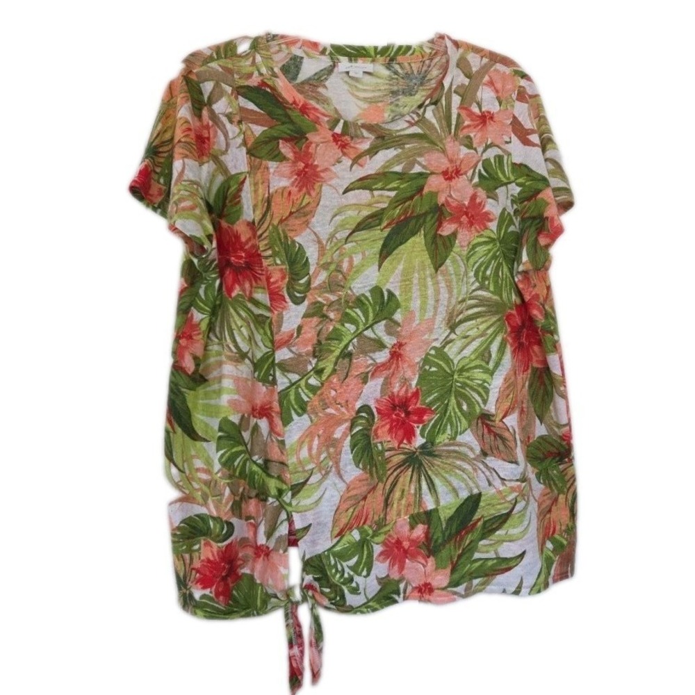 J Jill Love Linen Medium 100%Linen Side Tie Floral Top Short Sleeve Round Neck